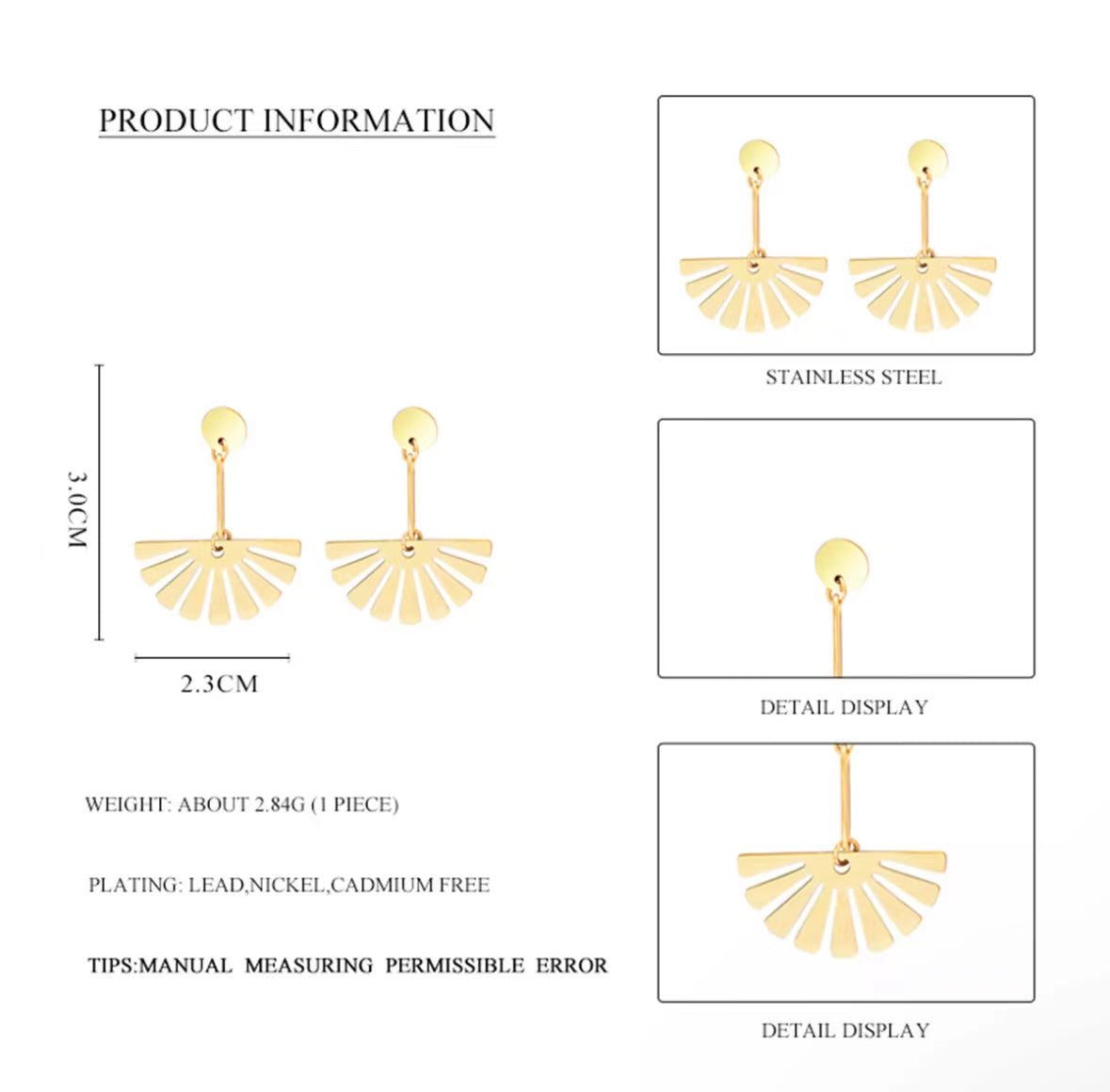 Chic Stainless Steel Fan-Shaped Earrings with 18K Gold French Titanium Studs